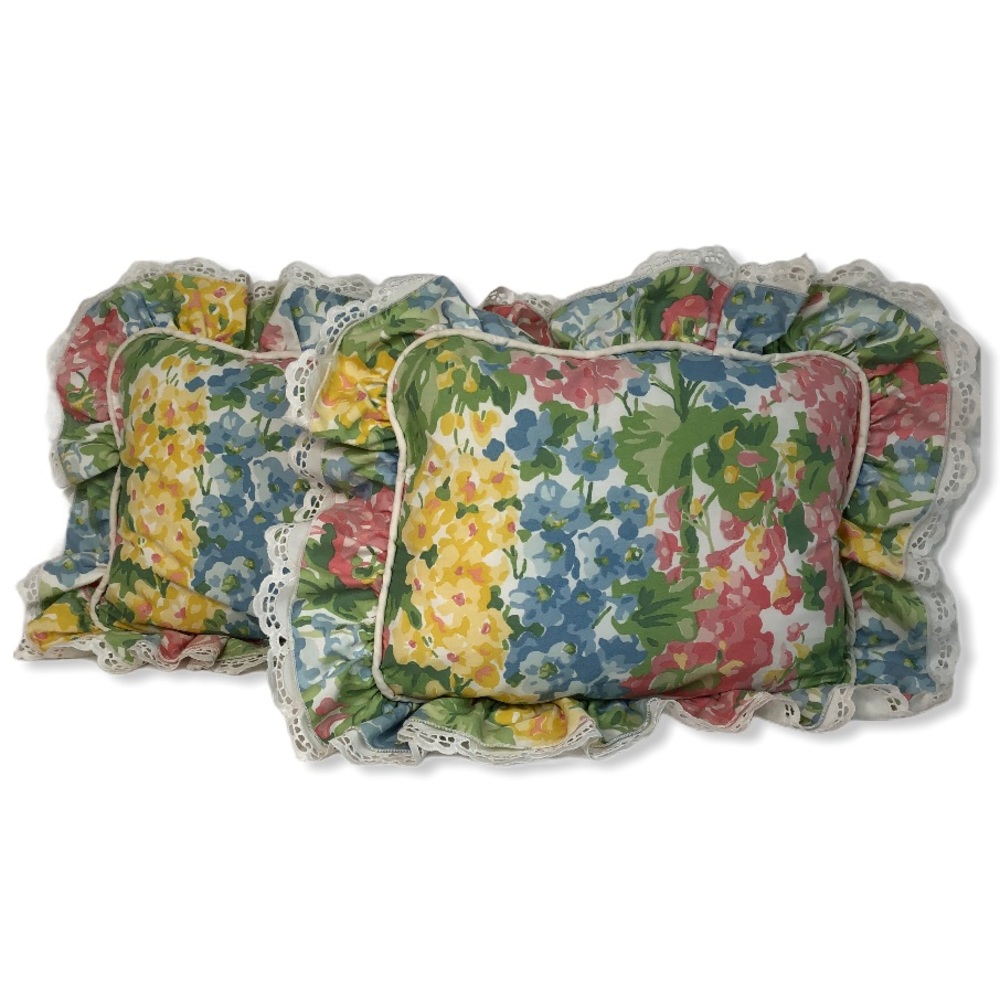 Waverly Throw Pillows Floral Hydrangea Ruffles Shabby Chic Cottage Core Set of 2